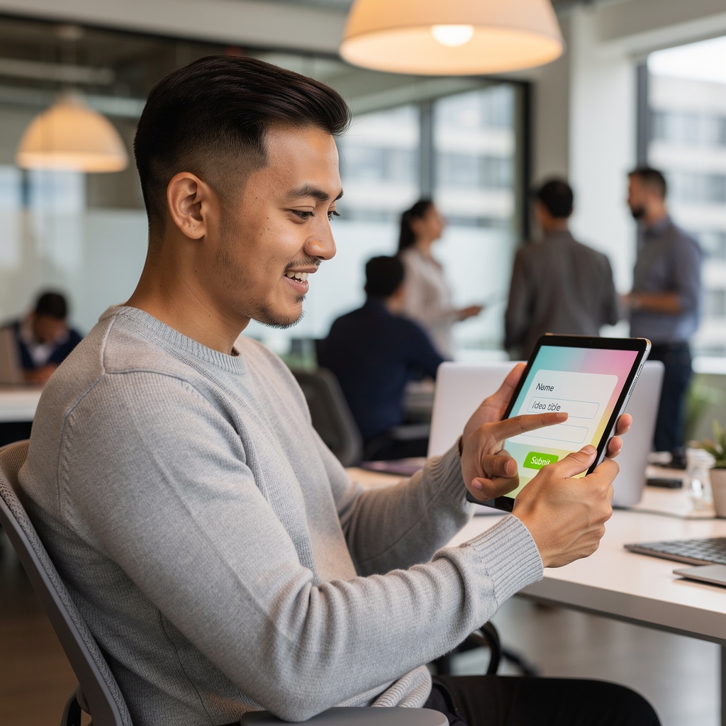 Colaborador de equipo aportando idea en tablet