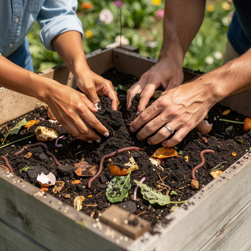 Manos trabajando con compost y tierra fértil